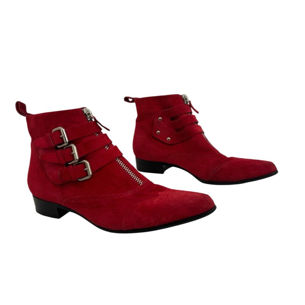 Tabitha Simmons Suede Ankle Boots Womens EU 39.5 US 9.5 Red Buckle Strap Italy
